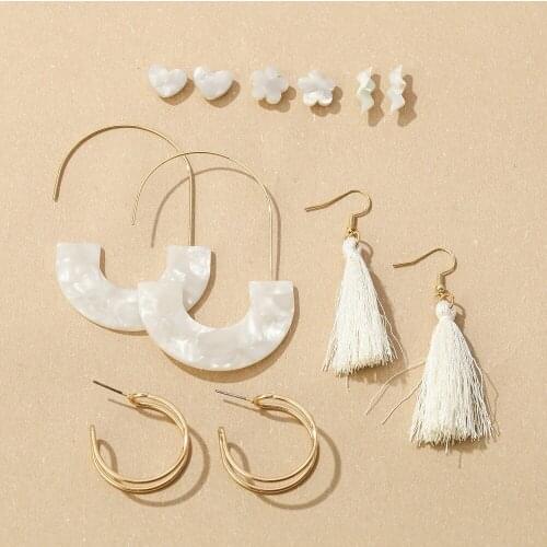 Pri Jin New Popular White Tassel Earrings Acetic Acid Plate Earrings Set Fashion Jewelry Stud Earrings Dangle Earrings 6 Pairs