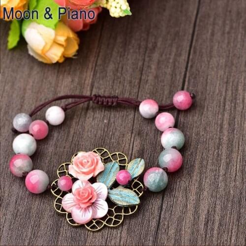 Pink Beaded Bracelet Fashion Ethnic Flower Pattern Womens Daily Party Jewelry New Personality Hand-woven Rope Sweet Bracelets