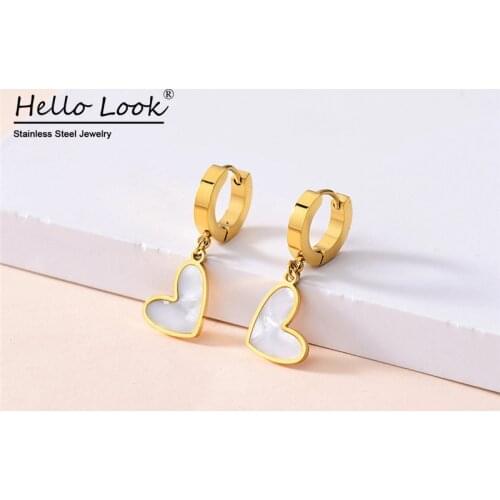 HelloLook Trendy Shell Heart Dangle Earring Stainless Steel Gold Hoop Earrings for Women Girls Piercing Earring Jewelry