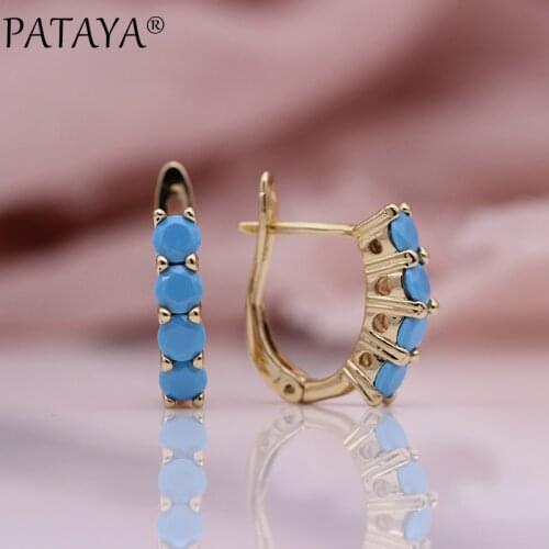 PATAYA New Fine Pendant Earring 585 Rose Gold Four Round Blue Natural Zircon Dangle Earrings Women Fashion Wedding Cute Jewelry