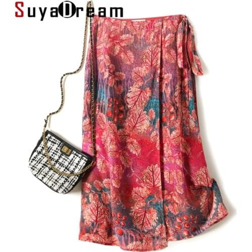 SuyaDream Woman Print Skirts 2021 Summer Autumn 100%Real Silk Elegant OL Long Skirt Red