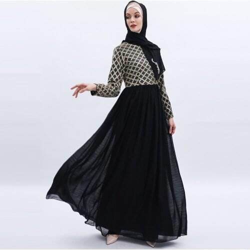 Turkey Stitching Sequins Long Dress National Style Moslem Women Fashion Abaya Elegant Chiffon Maxi Arab Caftan