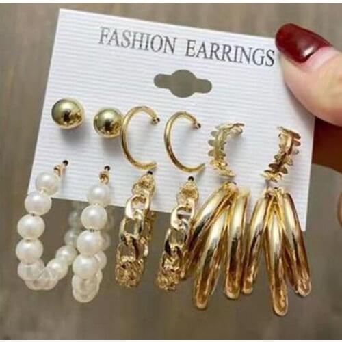 Vintage Geometric Gold Metal Dangle Earrings Set For Women Punk Pearl Drop Hoop Earring 2021 Trend Set of Earrings Jewelry
