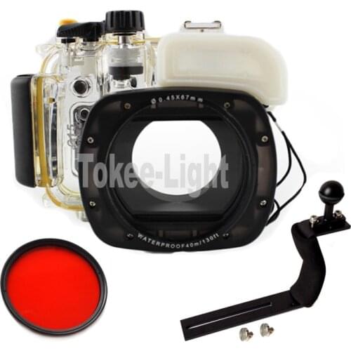 Underwater Waterproof Housing Diving Camera Case Bag for Canon G15 WP-DC48 camera With Red filter 67mm + Arm Handle