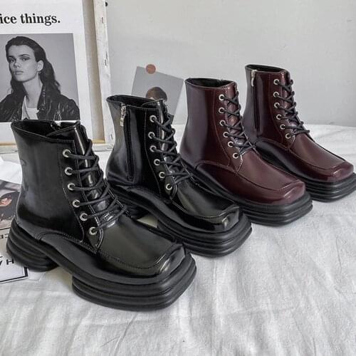 Women Martin Boots Fashion Square Toe Lace Up Shoes Female Spring Autumn Med Heels Shoes Ladies British Style Ankle Short Boots