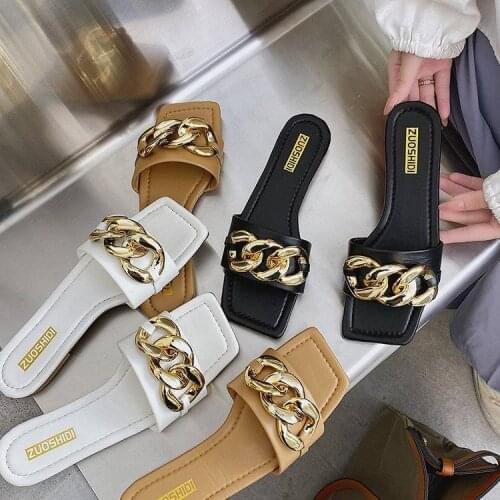 SONDR New Brand Women Slipper Square Toe Metal Chain Design Slides Flat Heel Ladies Sandal Summer Outdoor Beach Flip Flop