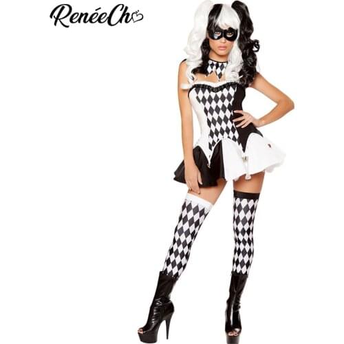 Reneecho Women Harlequin Costume Black White Clown Costume Adult Circus Joker Cosplay Halloween Costume 2019