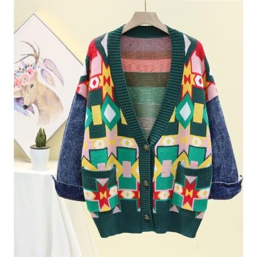 2020 Winter Women Cardigans Sweater V-Neck Loose Coat Denim Sleeve Women Coat Vintage Warm Tops Women Kintted Sweater Coat Femme