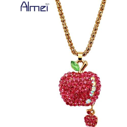 Almei Women Hot Pink Bling Crystal Rhinestone 3D Apple Pendant Sweater Chain Long Necklace Christmas Decoration Present YS856