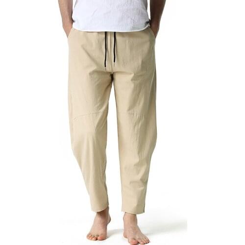 High Quality Mens Linen Cotton Loose Casual Elastic Pants Korean Mens Small Feet Home Pants Pure Color Long Pants