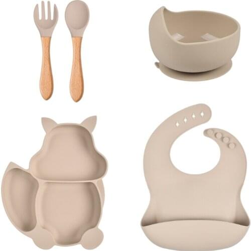 D0AF Toddlers Safety Silicon Plate First Stage Lead-free Toddler Feeding Supplie Cute Shape Toddler Feeding Set 5PCS