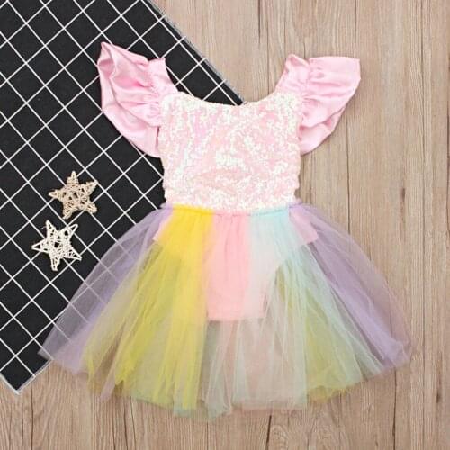 The Princess Dress Childrens Clothing Baby Girl Clothes Birthday by Girl Sleeveless Rainbow Sequined Lace Princess Romper Dress