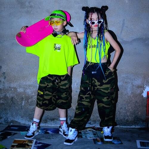 Fluorescent Green Top Camouflage Pants Hiphop Suit For Kids Jazz Performance Wear Boys Girls Hip Hop Dance Rave Clothes DQS7299