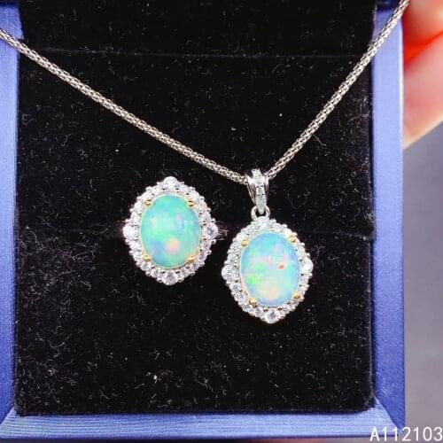 KJJEAXCMY fine jewelry 925 sterling silver inlaid natural opal Girl simple beautiful Chinese style flower gem ring pendant suit