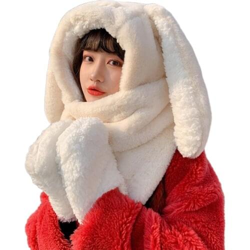 Faux Rabbit Fur Rabbit Ear Hat 3 in 1 Furry Hoodies Hat Scarf & Gloves Set Bunny Headband for Girls Windproof Combo