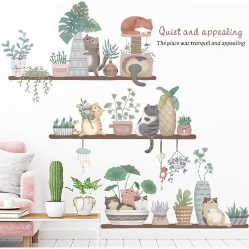 Cute Cat Flowerpot Potted Wall Stickers for Living room Bedroom Kitchen Dining room Wall Decor DIY Decals