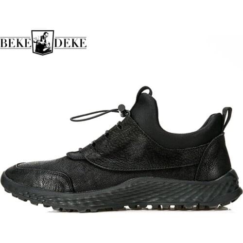 Mens Winter Real Leather Black Sneakers Lace Up Vintage Platform Casual Shoes Breathable Business Outdoor Cowhide Trainers