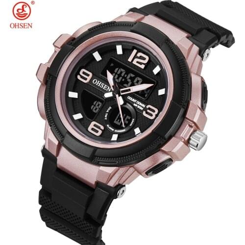 OHSEN Fashion LCD Digital Quartz Mens Wristwatch Rose Gold 50M Waterproof Sports Military Hand male Clock Gift relogio masculino