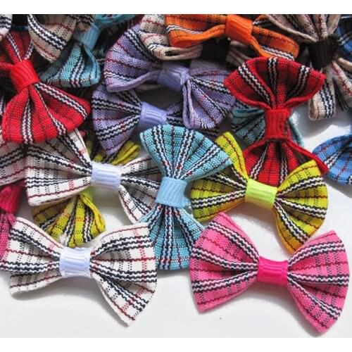 2015 New Dog Cat Pet Baby Girls Grosgrain Ribbon Hair Bows Appliques DIY Crafts plaid bow hairpin accessories 100pcs/lot