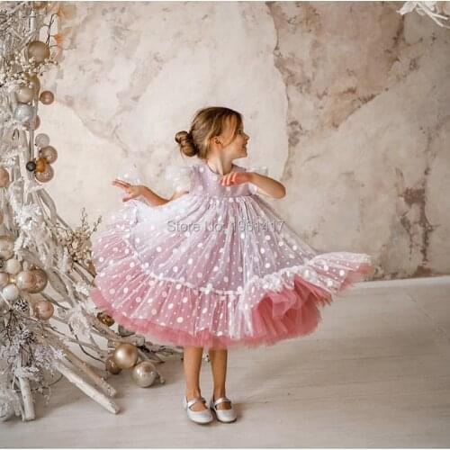 New Year Girls Tube Top Pink Dresses Clothes Party Girls Short Sleeve Lace Dot Dress Princess Wedding Party Dress AG0010