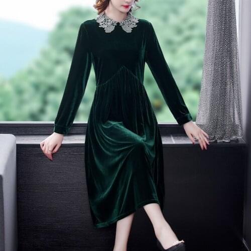 2021 Autumn Gold Velvet Elegant Vintage Solid Maxi Dress Vestidos Winter Women Casual 3XL Plus Size Red Bodycon Party Dresses