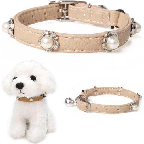 Small Dog Collar Pet Cat Accessories Puppy Bell Necklace Perros Supplies Gatos Neck Collier Chiens PU leather Pearl for Teddy