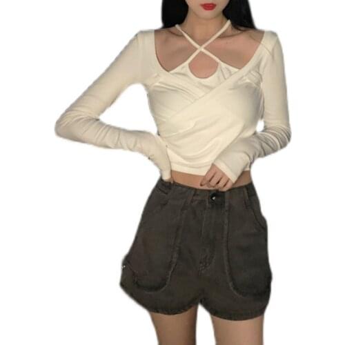 PERHAPS U Women Causal White Cross Camisole Strap Spliced Slash Neck Long Sleeve Short TEE T-Shirt Blouse Tops Female B3093