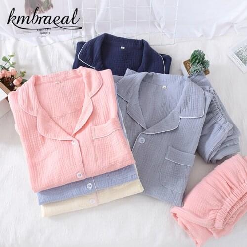 Womens Pajamas Spring Autumn Couple Cotton Crepe Suit Long-sleeved Trousers Solid Color Home Service Men 2 Piece Set Sleepwear