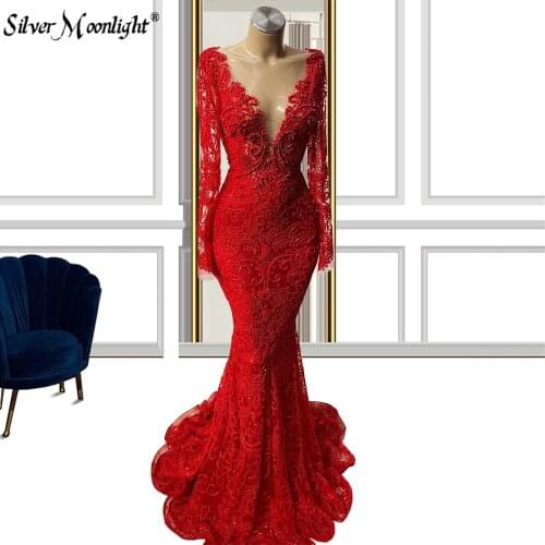 Luxury Deep V Neck Red Evening Dresses Mermaid Custom Made Lace Beaded Dubai Capped Long Sleeves Formal Dress Party Gown Robe