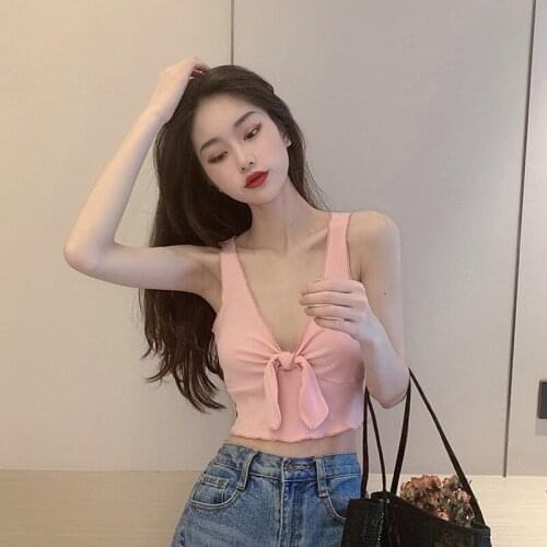 Wenfly Women New Pink Tank Tops Elegance Sleeveless Cute V-Neck Bandage Sweet Casual Female Short Sheath T-shirt