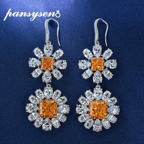 PANSYSEN 100% 925 Sterling Silver 10MM Flower Shape Created Partschinite Diamond Drop Earrings for Women Cocktail Fine Jewelry