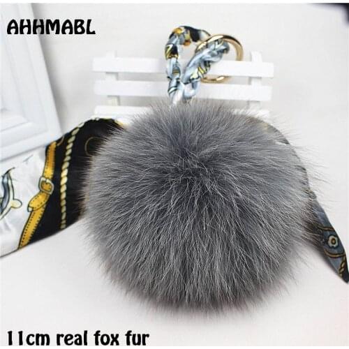 11cm Big Natural Fox Fur Pom poms Key chain Keychains For Women Scarf Print Silk Bowknot Ribbon Metal Bag Charm Key Holder f274