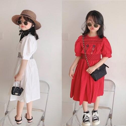 2021 Summer Girls Fashion Embroidery Short Sleeve Dress Two Colors