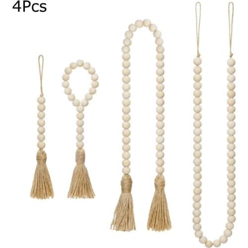 Wood Beads Wall Hanging Garland Farmhouse Wooden Beads Garland with Tassels for Home Decor