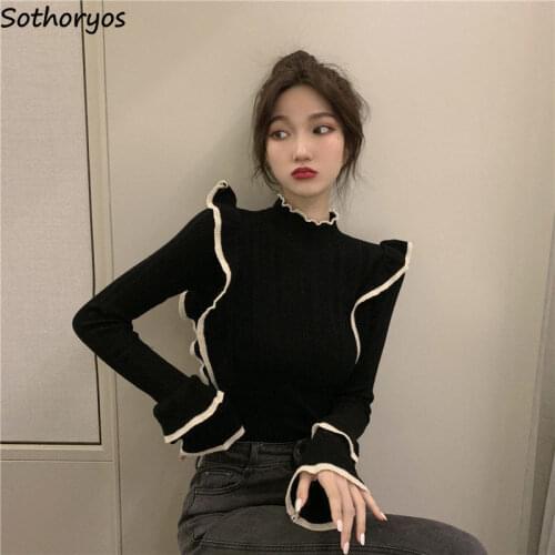 Long Butterfly Sleeve T-shirts Women Patchwork Mock Neck Basic Knitting Tops Spring Autumn Korean Style Slim Tshirts Fashion New