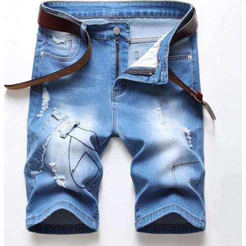 Jeans Men Blue Denim Shorts New Summer Male Embroidery Casual Short Jeans Man Overalls Denim Straight Holes Jean Shorts