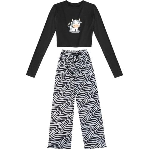 Cotton Harajuku Casual Aesthetic T Shirt All-match Vintage Cow Print Crop Top High Waist Sweatpant Long Sleeve Women Stripe Pant