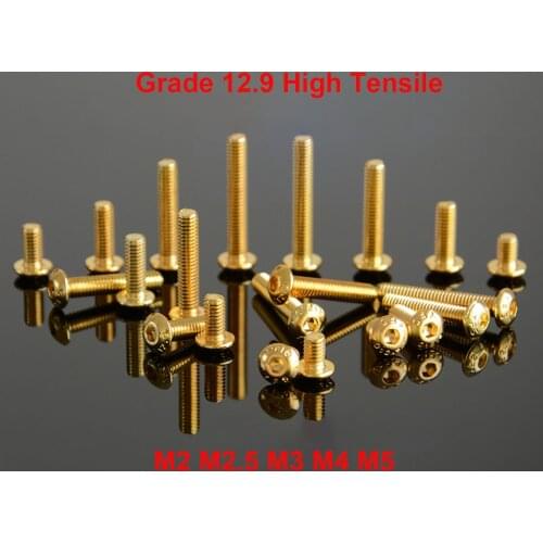 M2 M2.5 M3 M4 M5 Grade 12.9 Button Head Hex Socket Screws Allen Bolts Gold Titanium Plated - 10pcs