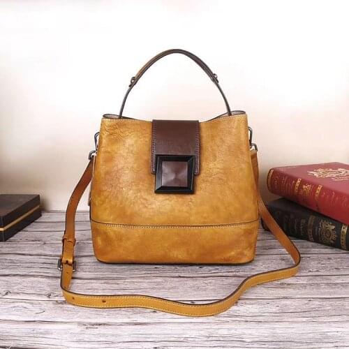 2020 New Womens Product Retro High Quality Genuine Leather Bucket Bag Women Handbag Handmade Brown Shoulder Crossbody Bags
