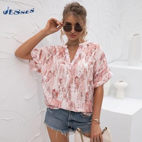 Tie-dye sexy V-neck Shirt Ladies Loose Casual Spring Tops Printing Fashion Streetwear Plus Size Short-sleeved Blouses For Female