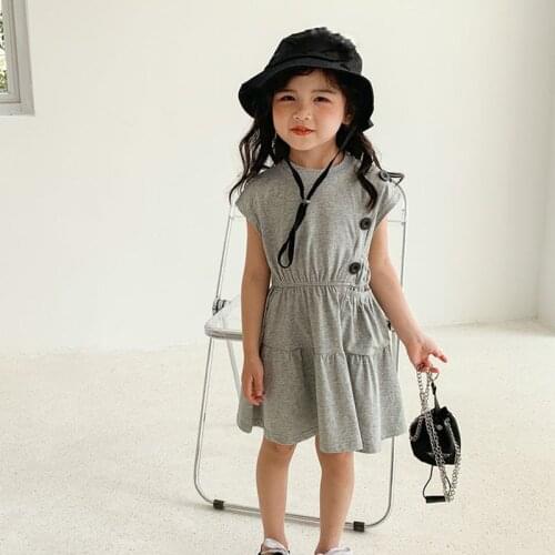 Summer Girls' Dress Fashion Style Solid Color Knitted Casual Dress With Pockets Baby Kids ChildrenS Clothing For Girl