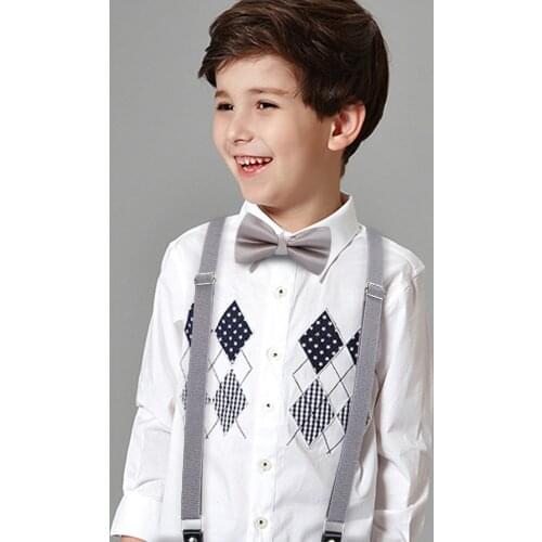 Boy Girl Silver Gray Mans 6 Clips Suspenders Bowtie Set Polyester Y-Back Braces 7-14 Years Bow Tie Adjustable Elastic BH-0024