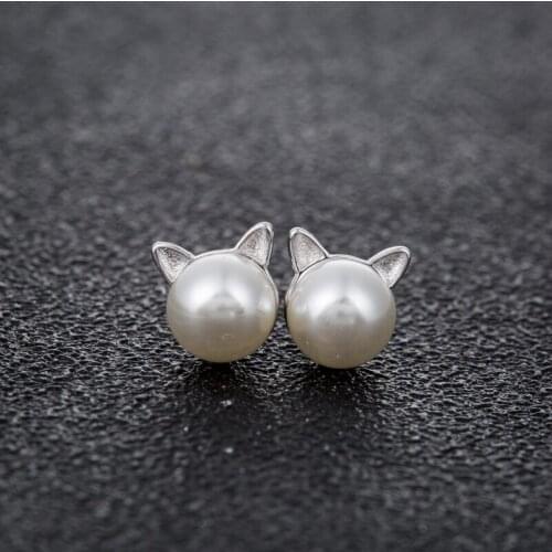 Jisensp Silver Plated Cartoon Earrings Korean Style Sweet Cute Cat Ear Stud Earrings Fashion Jewelry for Women Christmas Gift