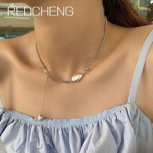 REDCHENG 925 Sterling Silver Pendant Necklaces for Women Trendy Charming Design Smooth Ellipse Geometric Engagement Jewelry Gift