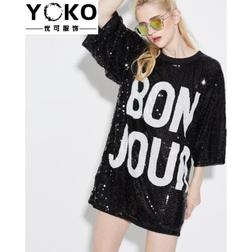 YOKO women streetwear casual loose O-neck sequin shirt plus size dress short sleeve number letter club party dress long T-shirt