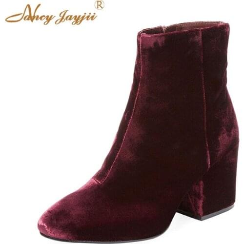 Flock Women Adult Boots Ladies Shoes Ankle Zipper Round Toe Super High Square heels Mature Concise Fashion Sexy Nancyjayjii 2019