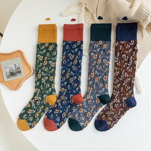 Floral Print Women Stockings Korean Fashion Autumn Winter Warm Long Socks Japanese Style Sweet Girls Thigh High Socks Stockings