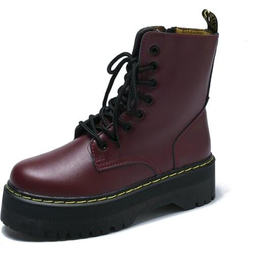 2021 Autumn And Winter Motorcycle Womens Boots Winter Soft Leather Shoes Black Botas Wedges Female Lace Up Platforms