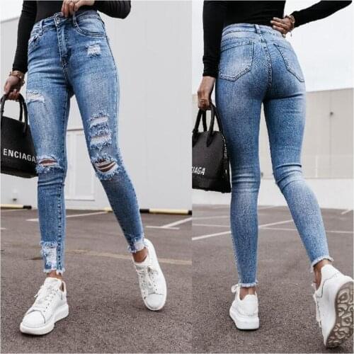 Women Casual washed pants high waist Denim Boy friend long Pant Female Plus Size Wash Hole Denim Stitch Trousers Nightclub 2021