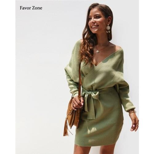 Womens Pencil Dress Autumn Winter Knitted Long Sleeve Warm Mini Sexy Dress Elegant Bodycon Sashes V-neck Evening Party Dresses